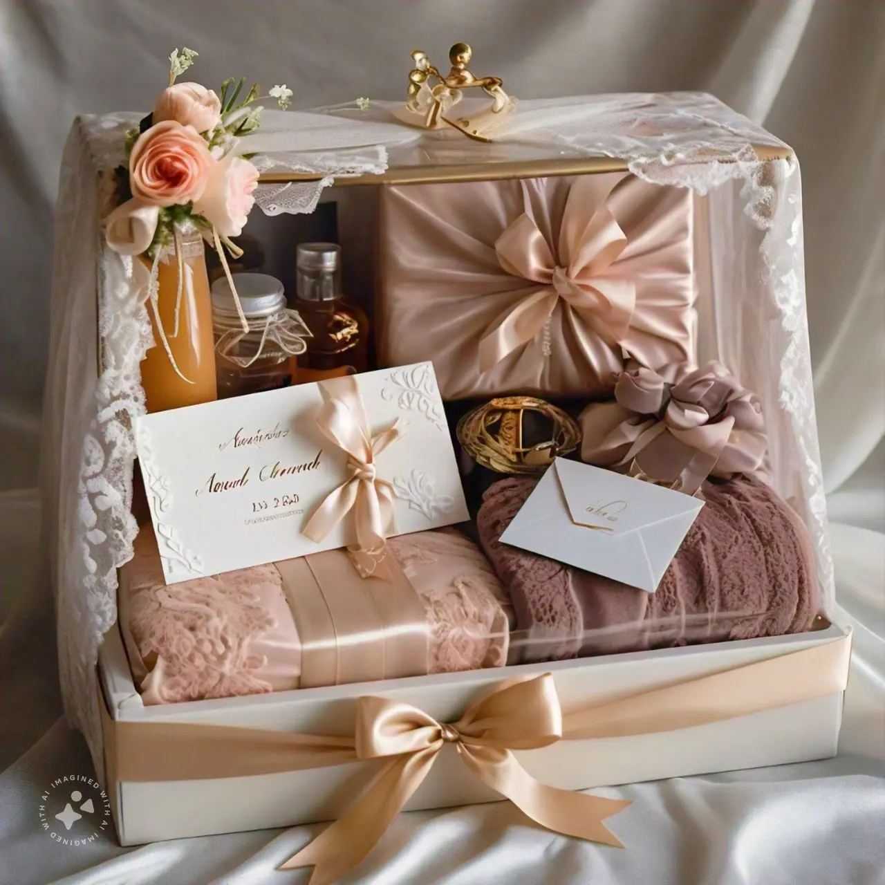 CUSTOMIZED GIFTS IN THRISSUR THEGIFTINGHUB A wedding gift box featuring a vibrant bouquet of flowers and a card, representing joy and best wishes for the couple