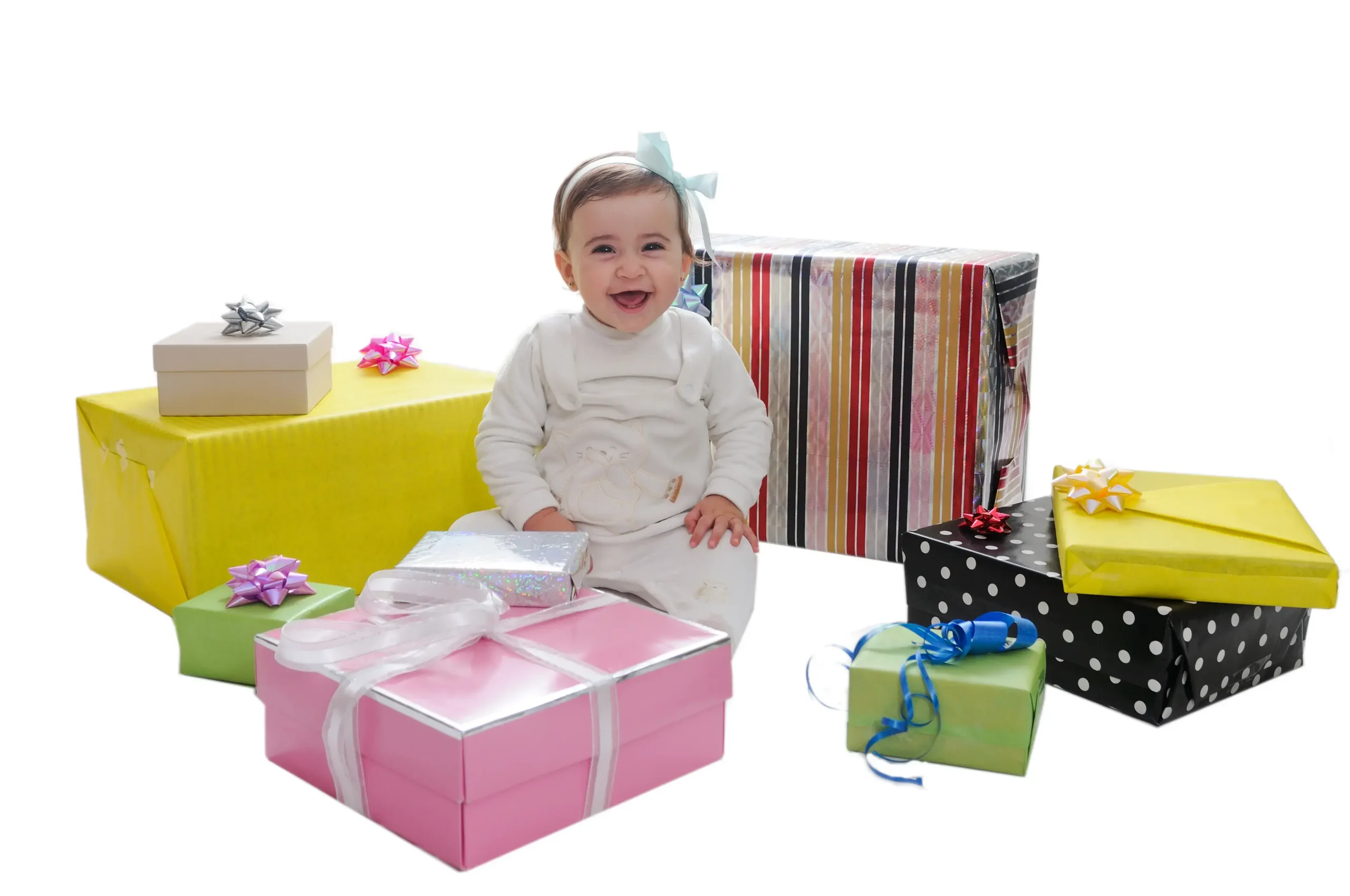 A cheerful baby perched on a stack of vibrant gift boxes, embodying the spirit of celebration and joy